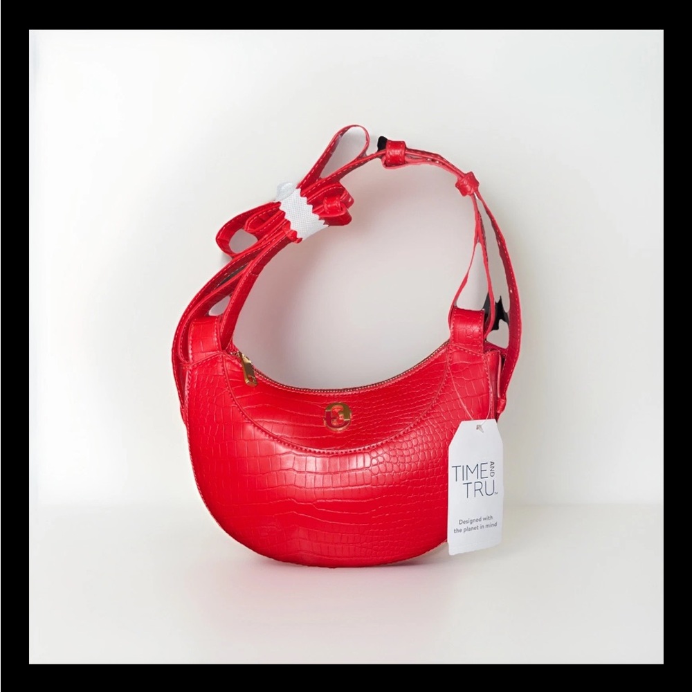 Time and Tru Vibrant Red Croc-Textured Hobo Bag